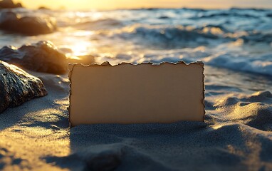 Rustic Beach Sign at Sunset by Gentle Waves

