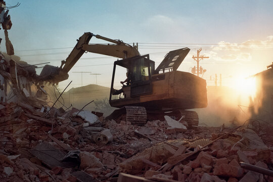 Demolition Equipment Works at Sunset in a Construction Site