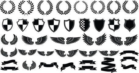 Fototapeta premium Collection of heraldic elements featuring wreaths shields wings and ribbons