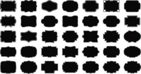 Collection of various black decorative frame shapes on a white background