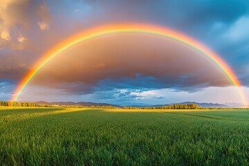A vibrant rainbow arches over a lush green field at sunset. Dramatic clouds fill the sky above a tranquil landscape