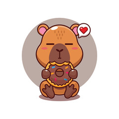 Cute capybara eating donut cartoon vector illustration