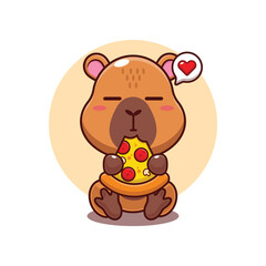 Cute capybara eating pizza cartoon vector illustration