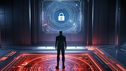A silhouetted figure stands before a high-tech secure interface in a futuristic digital environment - Powered by Adobe
