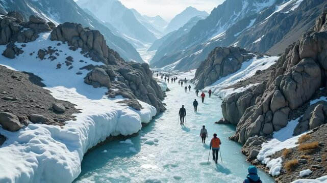 Witness the arduous Amarnath cave pilgrimage as devotees traverse an icy path through majestic mountains a challenging journey captured in breathtaking 4k drone footage.