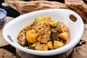 Farmhouse stew with beans, tofu, potatoes and pork ribs