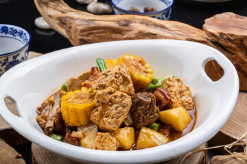 Farmhouse stew with beans, tofu, potatoes and pork ribs