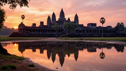 Witness the mystical sunrise over Angkor Wat in Cambodia, with ancient temple reflections shimmering in the water creating a breathtaking 4k view.