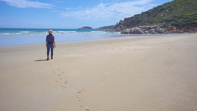 Panorama of Tourist enjoying a peaceful beach at Wilsons Promontory 