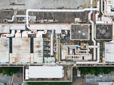 Aerial View of Semiconductor Factory Rooftop Infrastructure