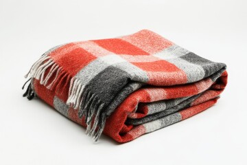 Folded plaid wool throw blanket against white background