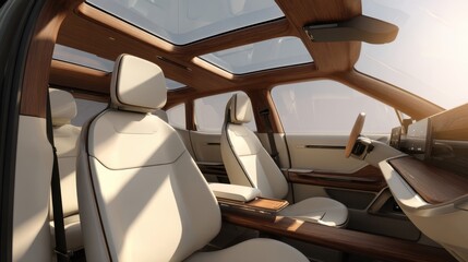 Luxurious car interior showcasing spacious seating, panoramic sunroof, and elegant wood accents