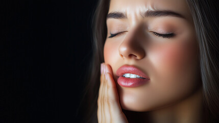 Obraz premium Flawless Beauty Portrait Photography, Radiant Skin Glow Image , Sensual Glamour Close-Up Shot, woman closeup Dental tooth background. generative ai 