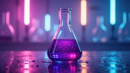 A vibrant purple liquid fills an erlenmeyer flask illuminated by neon lights in a futuristic laboratory setting