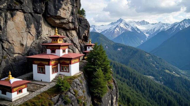 High above the majestic snow covered peaks of Bhutan, a Buddhist monastery is adorned with prayer flags fluttering peacefully in the mountain air.