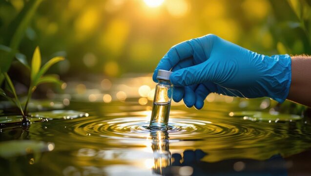 Scientist in blue gloves collects water sample from a pond at sunrise for environmental testing and research
