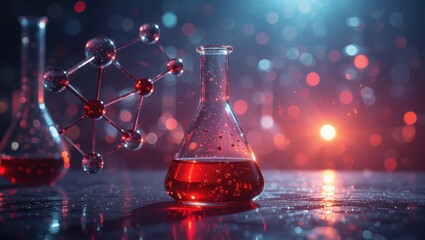 Futuristic chemistry laboratory with glowing molecular structure and red liquid in erlenmeyer flask