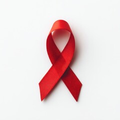 A vibrant red ribbon, elegantly tied in a loop, rests on a stark white background.  It's a simple yet powerful symbol