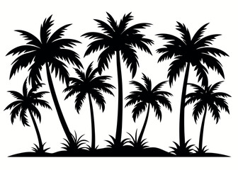Vector art of a silhouette of a tropical palm tree landscape evokes a sense of exotic island vacation, isolated on white background