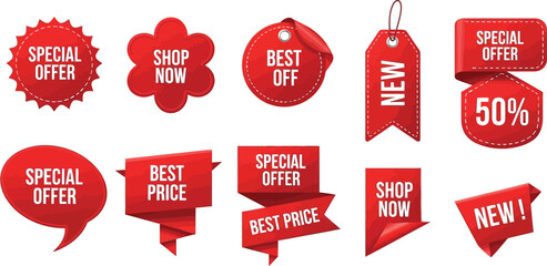 Collection of red promotional tags and labels with various sale messages