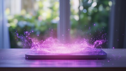 A light purple, digital-looking, energy burst emanates from a tablet on a wooden surface, in front of a blurred window