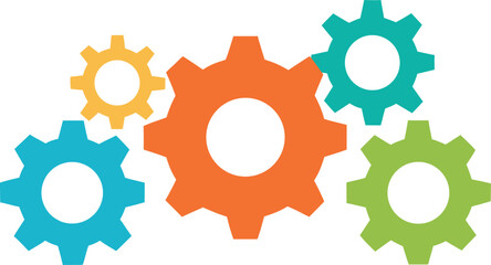 Vector art of a group of colorful gears interlocked, representing teamwork and mechanical processes, isolated on white background