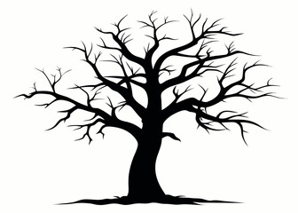 Vector art of a bare, dead tree with many branches is silhouetted and isolated on white background