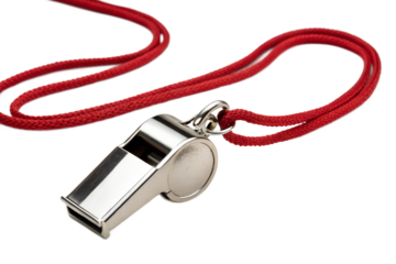 Metal whistle with a red lanyard, sports equipment on a black background.
