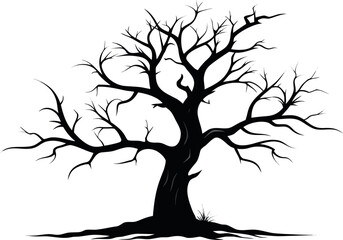 Vector art of a bare, dead tree with many branches is silhouetted and isolated on white background