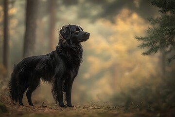 Majestic black dog standing proudly in serene forest nature photography tranquil environment captured in soft light