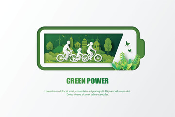 Green energy battery with eco-friendly cycling family in paper cut style