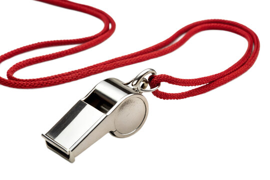 Metal whistle with a red lanyard, sports equipment on a black background.
