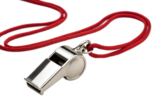Metal whistle with a red lanyard, sports equipment on a black background.