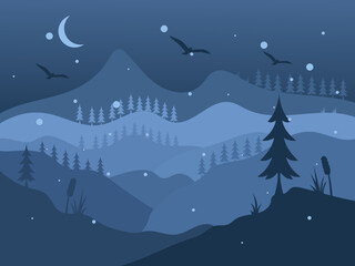 Fototapeta premium Vector Illustration of Blue Mountain Forest Scenery Background in a Quiet Night, Featuring Pine Trees, Moon, Snow, Stars, Flying Birds Silhouettes