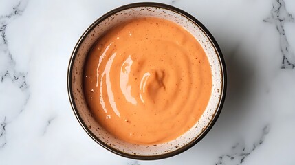 Overhead view of creamy orange sauce in bowl placed on white marble surface top down