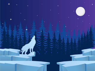 Minimalist flat vector illustration with clean silhouette featuring a white wolf howling on an icy cliff, dark blue pine forest background, and purple night sky with full moon and sparkling stars.