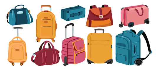 Set of travel icons. Traveler suitcase with stickers. Bag, map, camera, tickets, phone, hat, airplane, compass and airplane with linear flying route. Vector objects isolated on blue background. 
