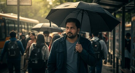 A man walks under a dark umbrella during a rainy day, navigating a busy city bus stop.