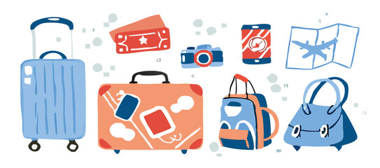 Set of travel icons. Traveler suitcase with stickers. Bag, map, camera, tickets, phone, hat, airplane, compass and airplane with linear flying route. Vector objects isolated on blue background. 