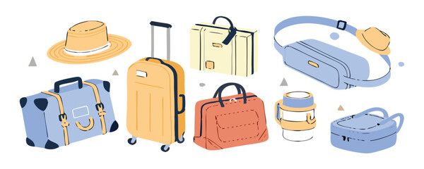 Set of travel icons. Traveler suitcase with stickers. Bag, map, camera, tickets, phone, hat, airplane, compass and airplane with linear flying route. Vector objects isolated on blue background. 