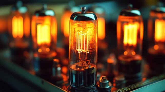 Close-up of vacuum tubes glowing orange in a vintage electronic device setup