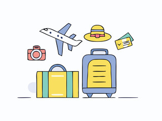 Set of travel icons. Traveler suitcase with stickers. Bag, map, camera, tickets, phone, hat, airplane, compass and airplane with linear flying route. Vector objects isolated on blue background. 