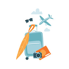 Set of travel icons. Traveler suitcase with stickers. Bag, map, camera, tickets, phone, hat, airplane, compass and airplane with linear flying route. Vector objects isolated on blue background. 