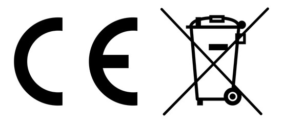 CE marking and crossed out wheeled bin icons. Used on electronics for compliance and recycling standards in the EU. Clean black vector symbols for packaging, labels, and regulatory des. icons, vector.