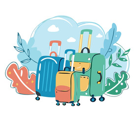 Set of travel icons. Traveler suitcase with stickers. Bag, map, camera, tickets, phone, hat, airplane, compass and airplane with linear flying route. Vector objects isolated on blue background. 