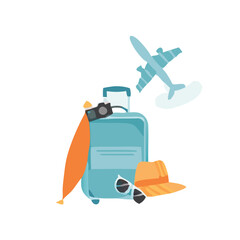 Set of travel icons. Traveler suitcase with stickers. Bag, map, camera, tickets, phone, hat, airplane, compass and airplane with linear flying route. Vector objects isolated on blue background. 