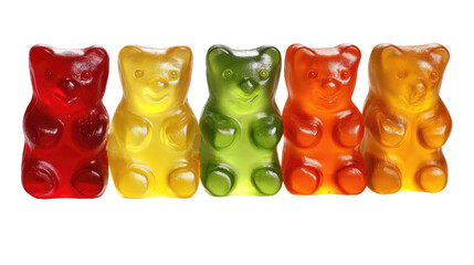 Group of Gummy Bears Standing Together with Slight Reflection on Transparent Background

