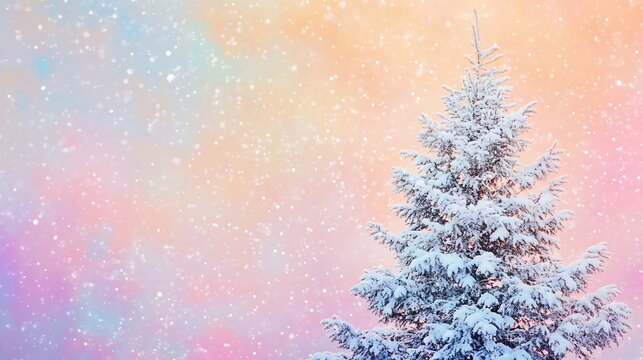 A snowy evergreen tree stands against a pastel colored sky during a gentle winter snowstorm creating a serene scene.