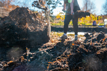 Compost pile, organic thermophilic compost turning in Tasmania Australia