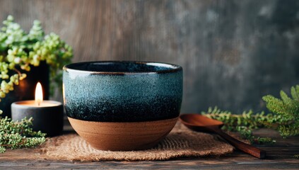 A rustic, teal and brown ceramic bowl sits on a burlap placemat, accompanied by a wooden spoon, candle, and sprigs of greenery against a dark background